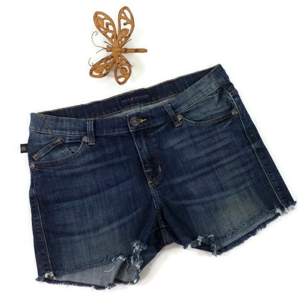 Rock & Republic Kasandra Cut Off Dark Blue Wash Denim Jean Shorts Womens Size 14